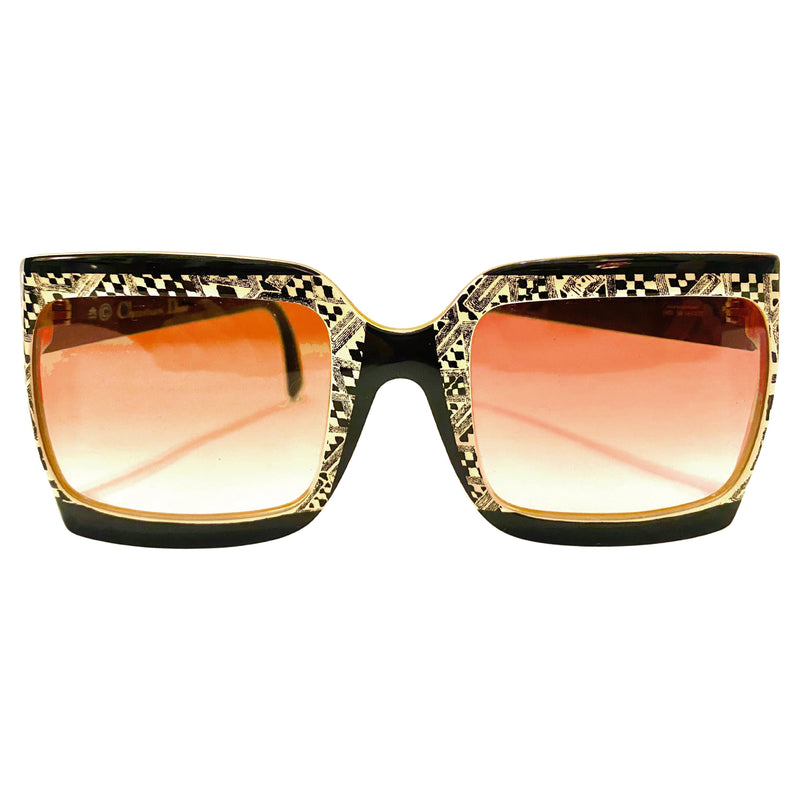 1970s-80s Christian Dior Oversized Sunglasses - Black Gold Checkerboard Geometric