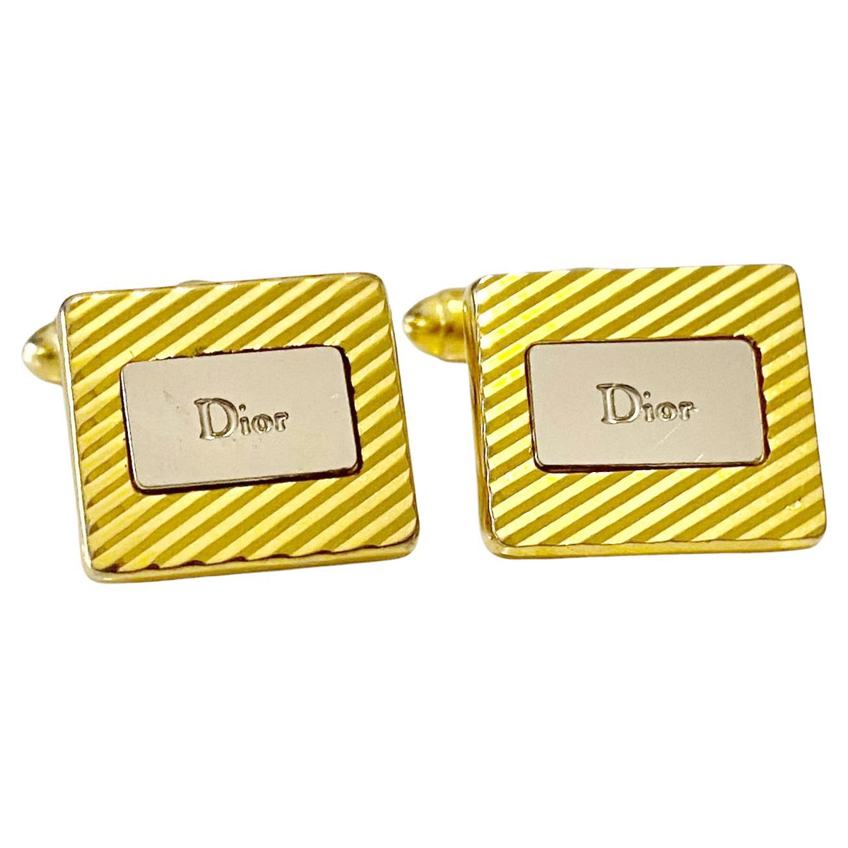 1970s Dior Gold Tone Cufflinks with Silver Tone Logo Plaque