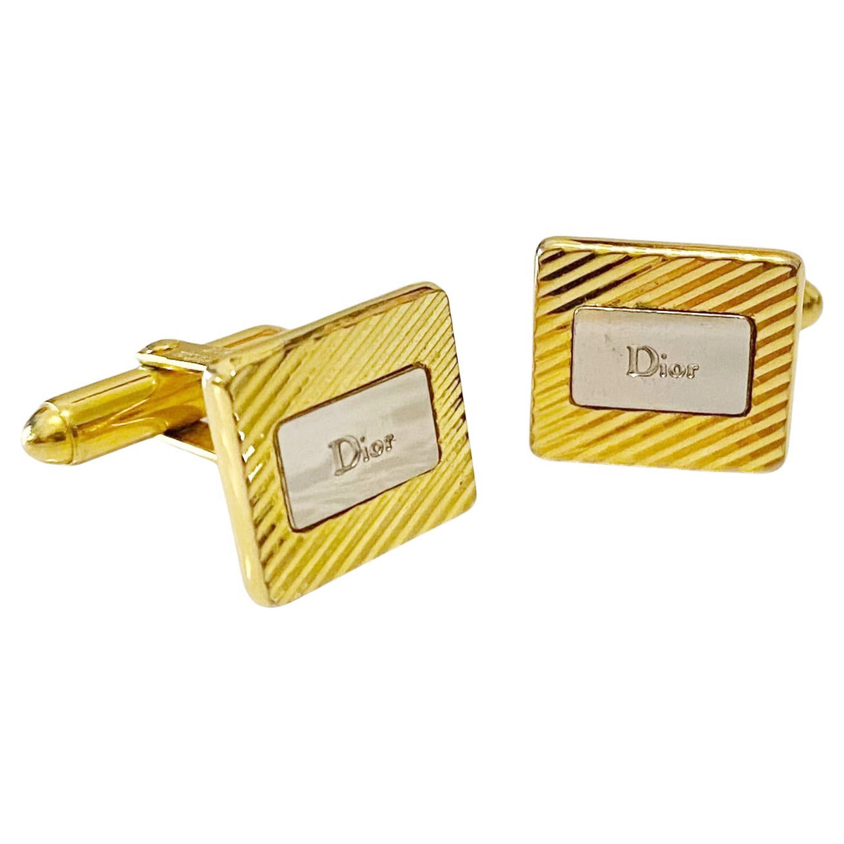 1970s Dior Gold Tone Cufflinks with Silver Tone Logo Plaque