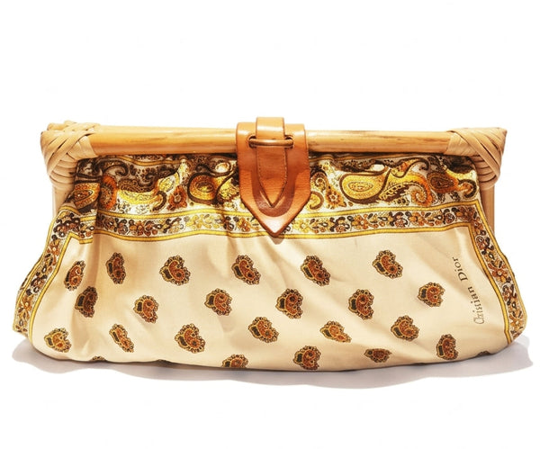 1970s CHRISTIAN DIOR SILK BOHEMIAN PAISLEY BAMBOO CLUTCH BAG