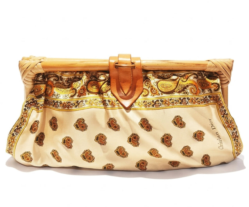 1970s CHRISTIAN DIOR SILK BOHEMIAN PAISLEY BAMBOO CLUTCH BAG