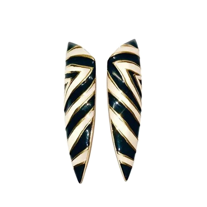 1980s GIVENCHY ZEBRA STRIPE ENAMEL RUNWAY COUTURE ELONGATED CLIP EARRINGS - STYLE-CHNGR