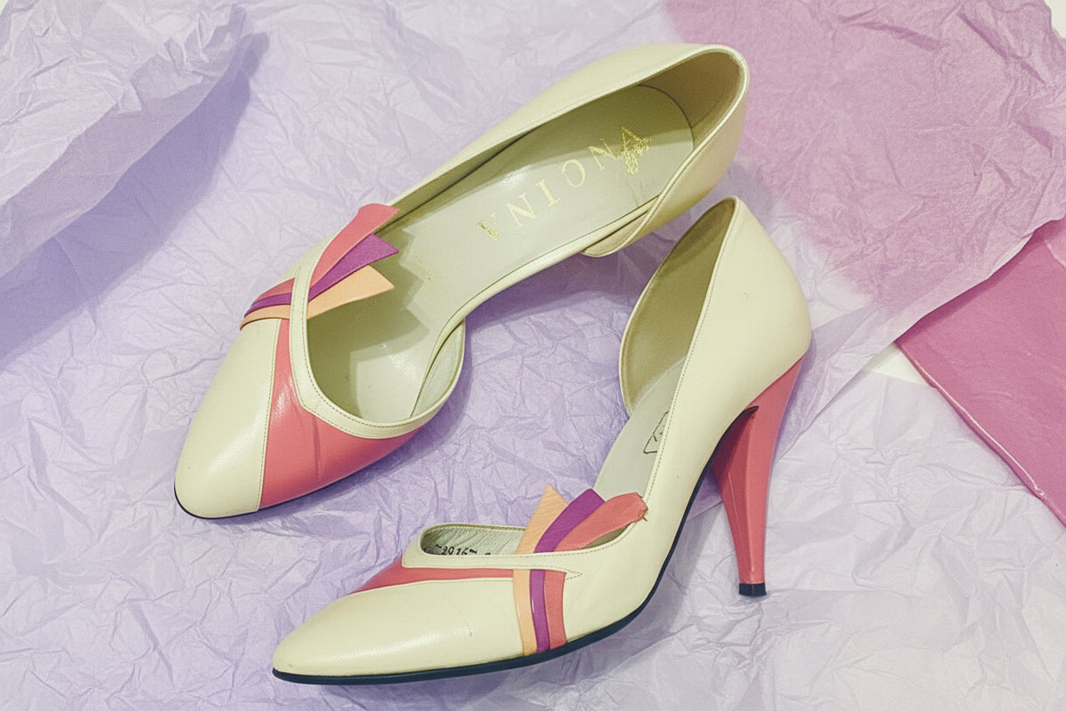 1980s Gina London colour block cream and pink leather pumps