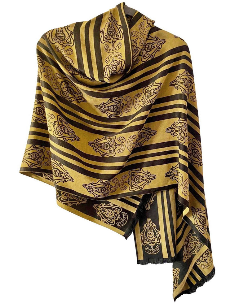 1980s Gucci La Black Gold Crest Stripe Logo Oversized Wool Scarf - STYLE-CHNGR