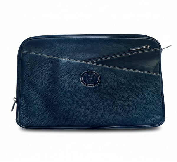 1980s Gucci Navy Blue Leather Document Holder Zipped Briefcase Handbag