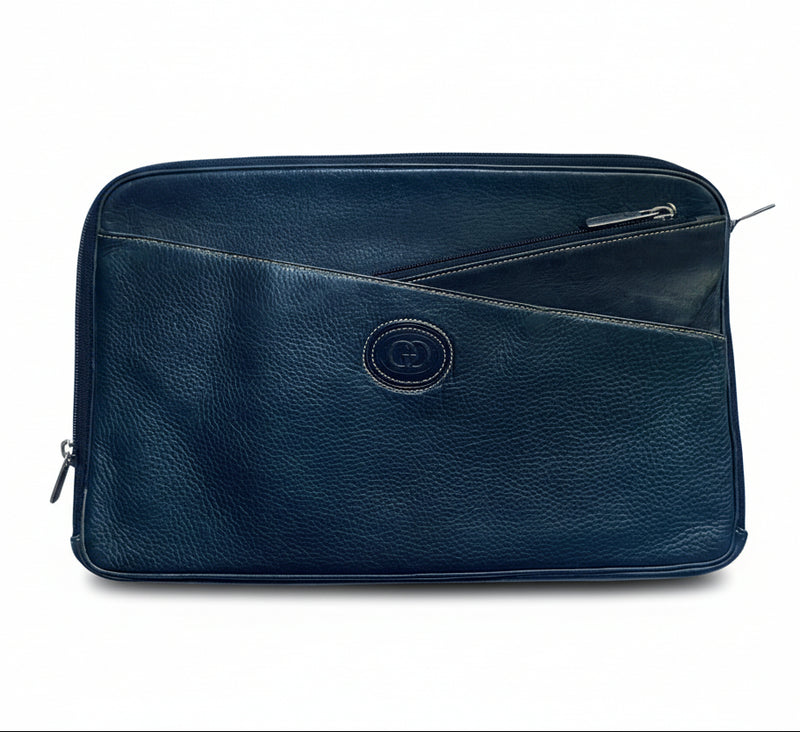 1980s Gucci Navy Blue Leather Document Holder Zipped Briefcase Handbag