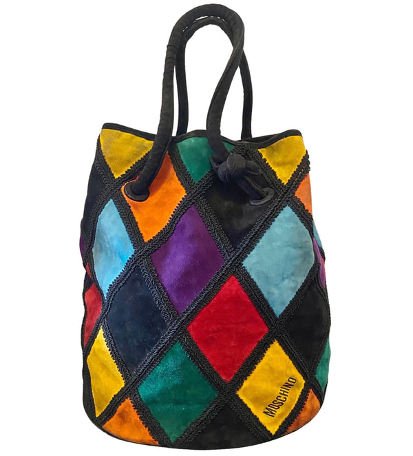 1980s Moschino By Redwall Harlequin Bucket Bag  Multicolor Patchwork