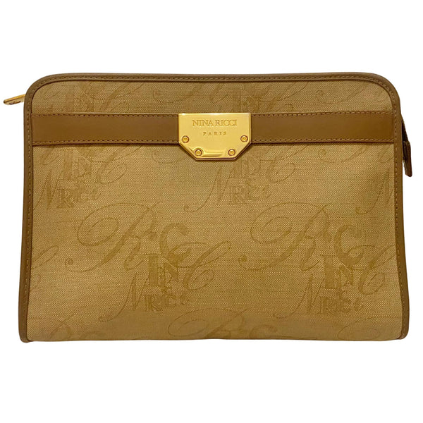 1980s Nina Ricci Brown Leather Gold Logo Clutch Bag - STYLE-CHNGR