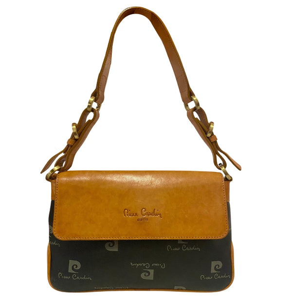 1980s Pierre Cardin Black Tan Logo Flap Shoulder Bag - STYLE-CHNGR