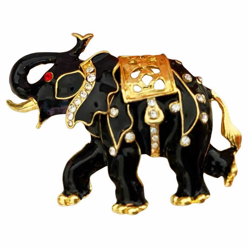 1980s Pierre Cardin Enameled Indian Elephant Gold Metal Brooch