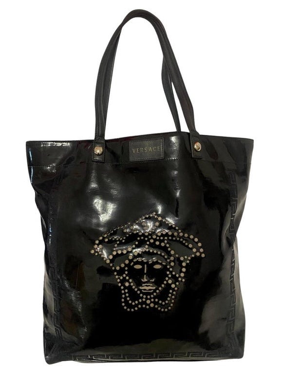 1980s Versace  Black Patent Leather Medusa Cut Out Tote Bag - STYLE-CHNGR