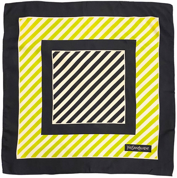 1980s Yves Saint Laurent Stripe Lime Green Logo Silk Scarf - STYLE-CHNGR