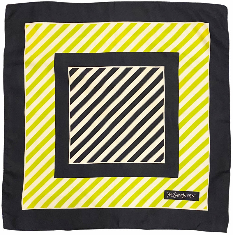 1980s Yves Saint Laurent Stripe Lime Green Logo Silk Scarf