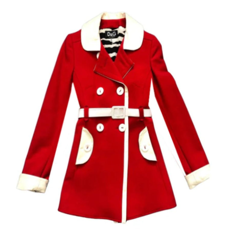 1990s  Dolce & Gabbana Red Retro High Waist Coat with White Patent Leather Belt
