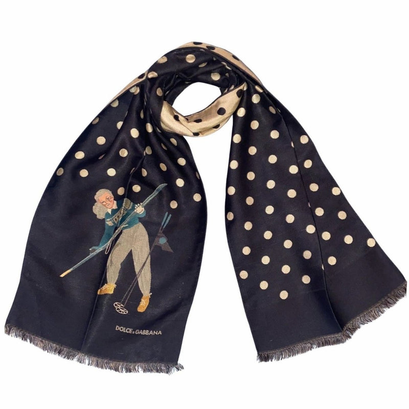 1990s Dolce &amp; Gabbana Vintage Skier Polka Navy Long Scarf