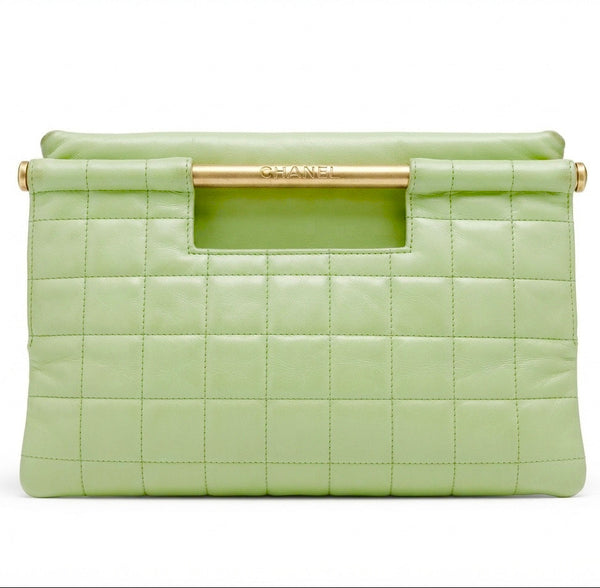 1990s Chanel Chocolate Bar Clutch Mint Green Lambskin Gold Tone Handle