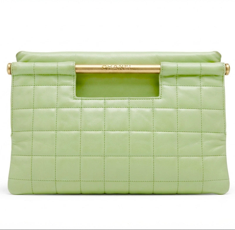 1990s Chanel Chocolate Bar Clutch Mint Green Lambskin Gold Tone Handle