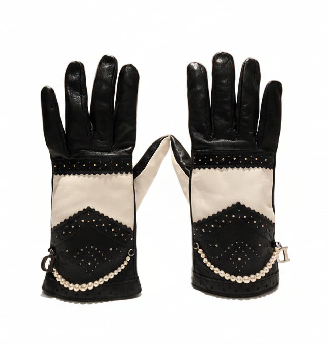 2000s Christian Dior by John Galliano D-Trick Lambskin Black White Pearls Gloves