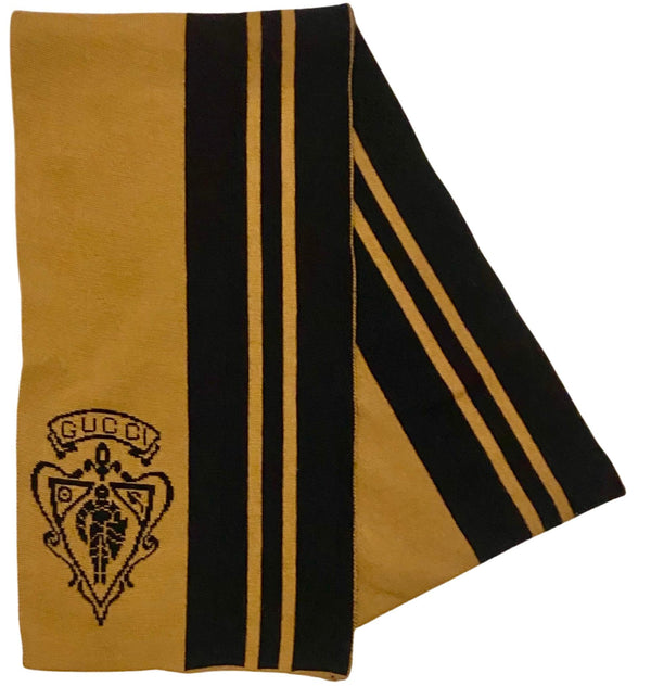 2000s Gucci Tom Ford Wool Largest Stripe Beige Black Logo Scarf - STYLE-CHNGR