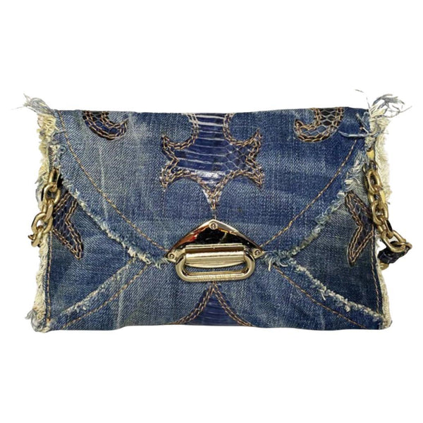 2000s Jimmy Choo Blue Denim Leather Shoulder Clutch bag with strap - STYLE-CHNGR