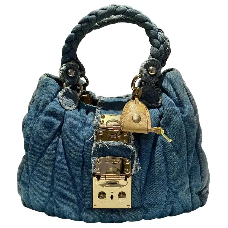 2000s Miu Miu Washed Out Denim Matelasse Shoulder Bag