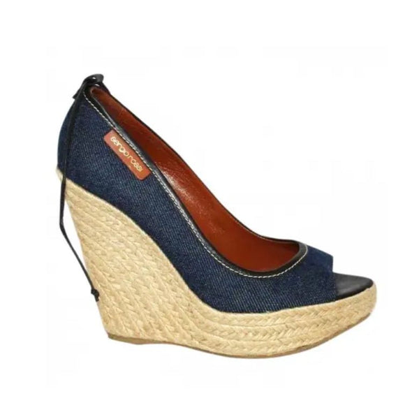 2000s Sergio Rossi Denim Straw Platform Shoes - STYLE-CHNGR
