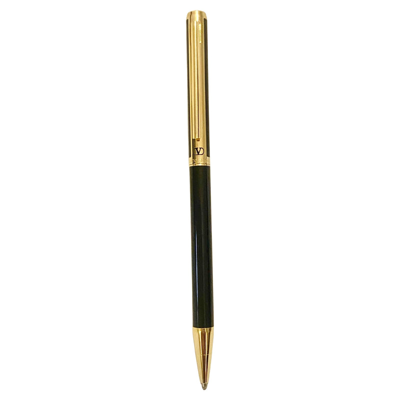 1980s Vintage Valentino Garavani Lacquered Black Gold Ballpoint Logo Pen