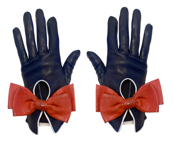 1950s Hermes Paris Vintage Blue Nappa Leather & Red Bow Split Wrist Gloves