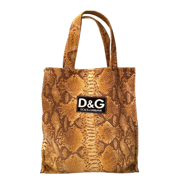 1990s D&G by Dolce Gabbana Brown Leather Snake Print Shopper Tote Bag - STYLE-CHNGR