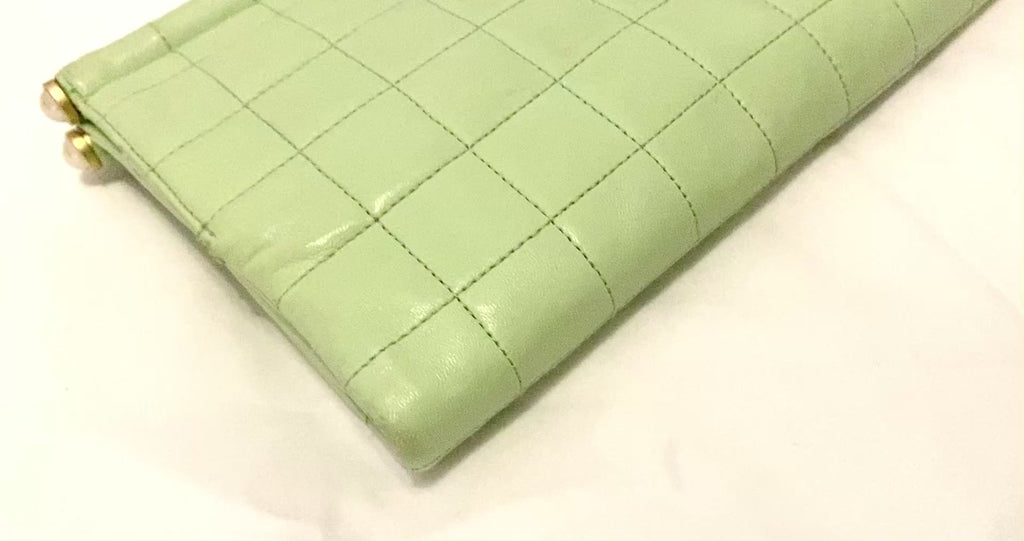 1990s Chanel Chocolate Bar Clutch Mint Green Lambskin Gold Tone Handle