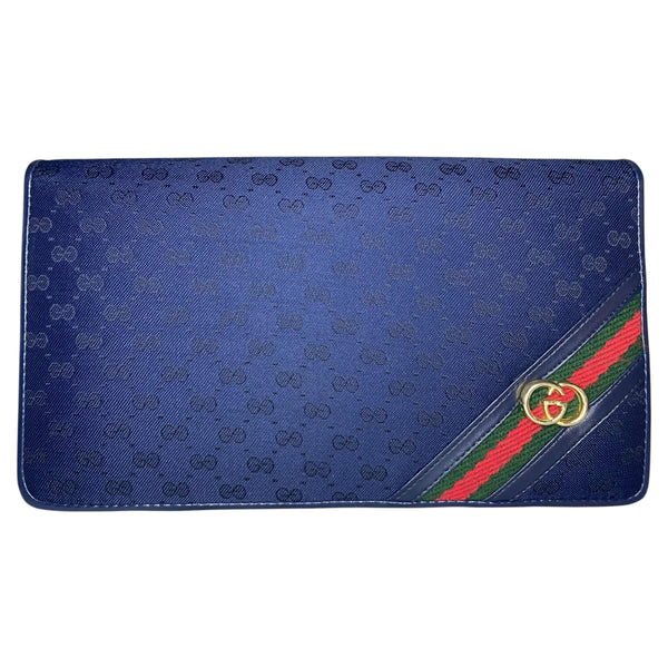 1970s Gucci Navy Blue Micro GG Monogram Clutch with Web Stripe