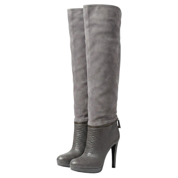 2000s Sergio Rossi Vintage Grey Suede Printed Leather Platform Knee Boots