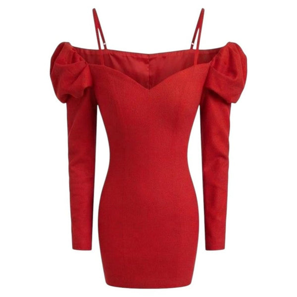 1980s Blumarine Red Stretch Velvet Off Shoulder Cocktail Dress Puffy Sleeve