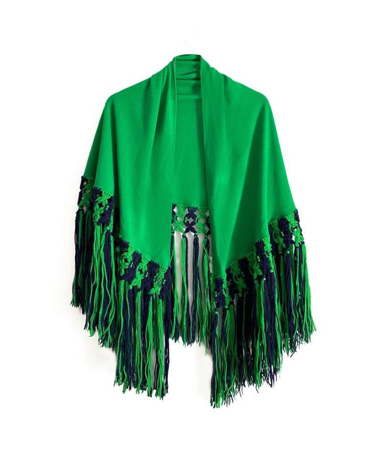 1970s CHRISTIAN DIOR GREEN FRINGED SHAWL PONCHO