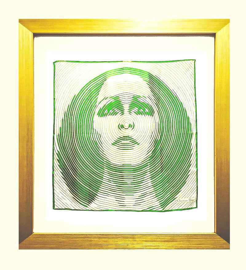 1970s CHRISTIAN DIOR GREEN IVORY 'DIVA PORTRAIT' SILK FRAMED SCARF