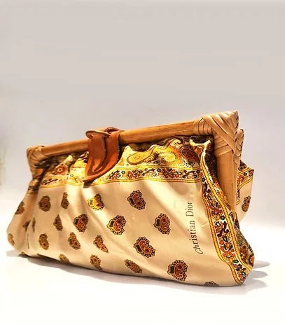 1970s CHRISTIAN DIOR SILK BOHEMIAN PAISLEY BAMBOO CLUTCH BAG - STYLE-CHNGR