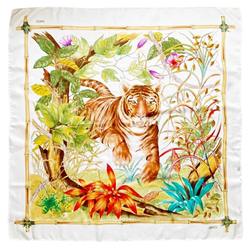 1970s Gucci Jungle Tiger Silk Scarf on White