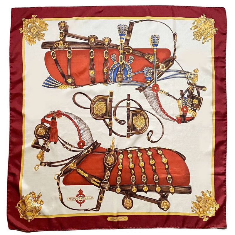 1970s HERMES Carre 90 HARNAIS DE COUR Brown Cream Silk Scarf