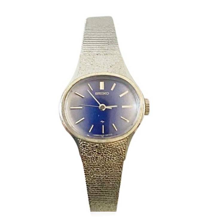 1970s Seiko blue oval dial steel mesh jewel watch