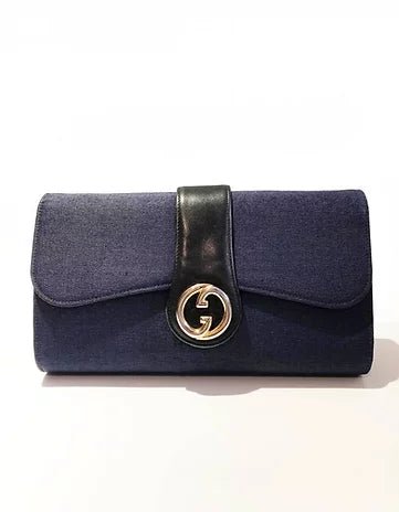 1980's GUCCI NAVY BLUE LOGO CLUTCH Canvas BAG - STYLE-CHNGR