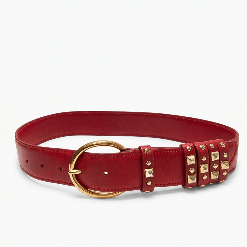 1980SGUCCI RED LEATHER GOLD STUD BELT