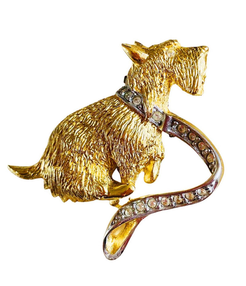 1980s Burberrys Terrier Dog Gold Plated Brooch with Crystals