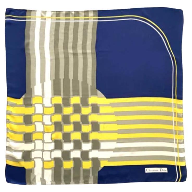 1980s CHRISTIAN DIOR ART DECO YELLOW BLUE PRINT SILK SCARF