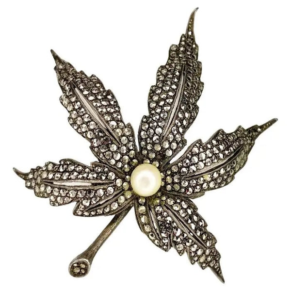 1980s Christian Dior Crystal Leaf Design Brooch with Pearl - STYLE-CHNGR