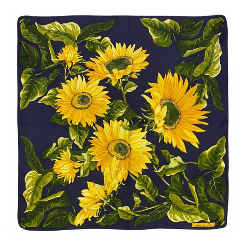 1980s Christian Dior Sunflowers Print Silk Scarf on Blue