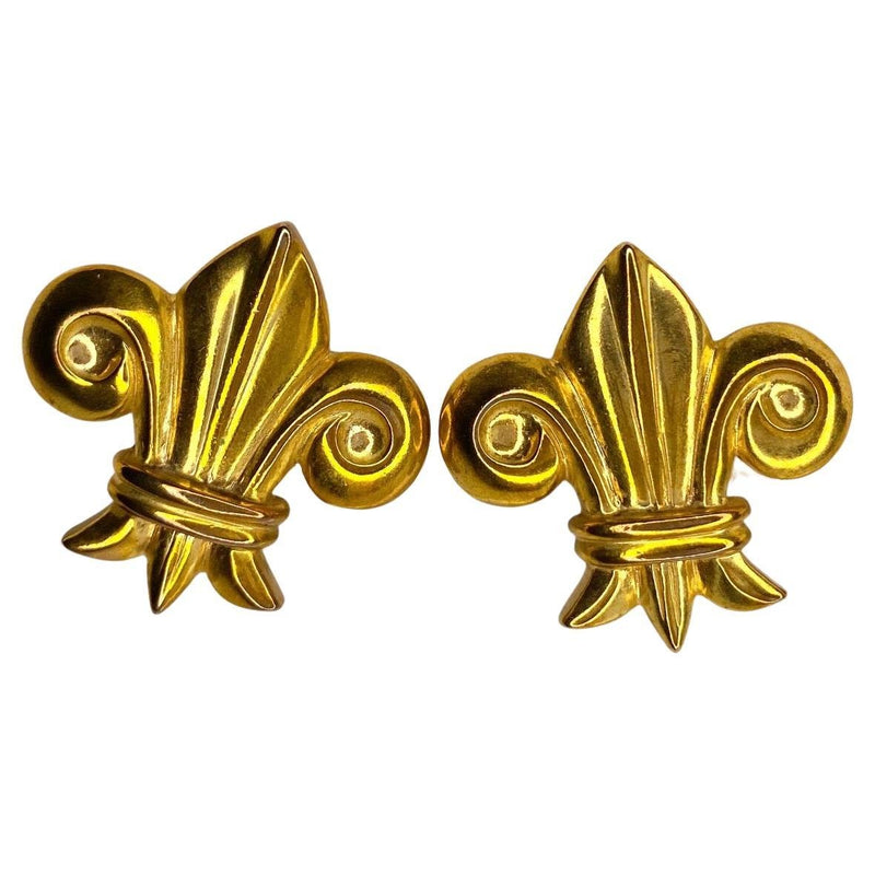 1980s ESCADA Clip On Fleur de Lys Gold Plated Large Earrings
