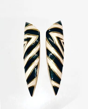 1980s GIVENCHY ZEBRA STRIPE ENAMEL RUNWAY COUTURE ELONGATED CLIP EARRINGS - STYLE-CHNGR