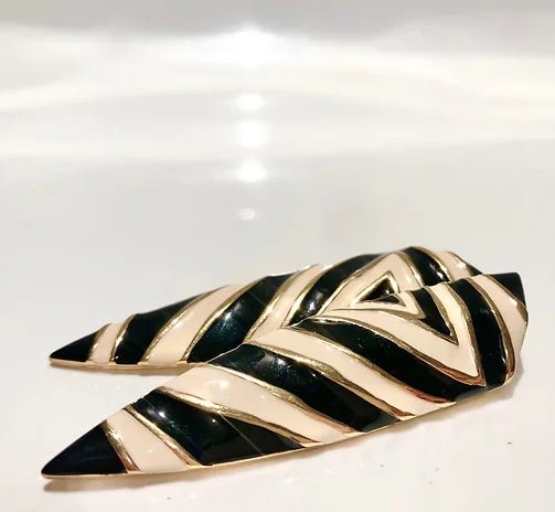 1980s GIVENCHY ZEBRA STRIPE ENAMEL RUNWAY COUTURE ELONGATED CLIP EARRINGS - STYLE-CHNGR