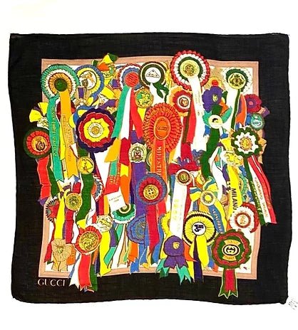 1980s GUCCI EQUESTRIAN  HORSE RIDING ROSETTES PRINT NECK SCARF - STYLE-CHNGR