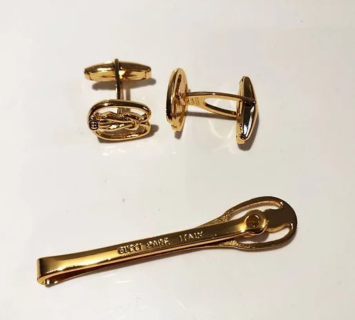1980s GUCCI GOLD TONE CUFFLINK and TIE CLIP SET - STYLE-CHNGR